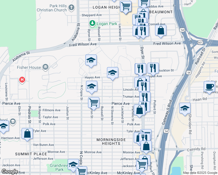 map of restaurants, bars, coffee shops, grocery stores, and more near 3625 Lincoln Avenue in El Paso