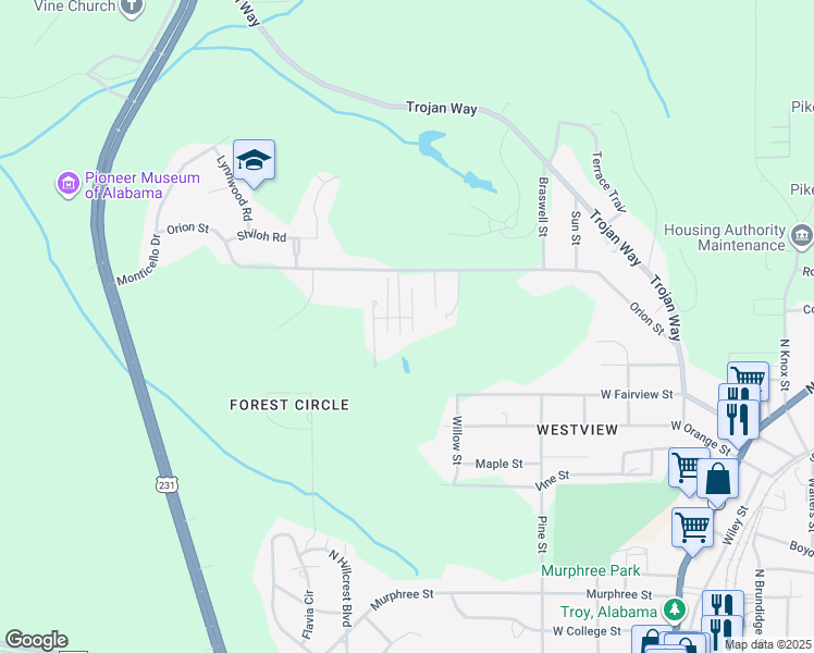 map of restaurants, bars, coffee shops, grocery stores, and more near 114 Martha George Hall Drive in Troy