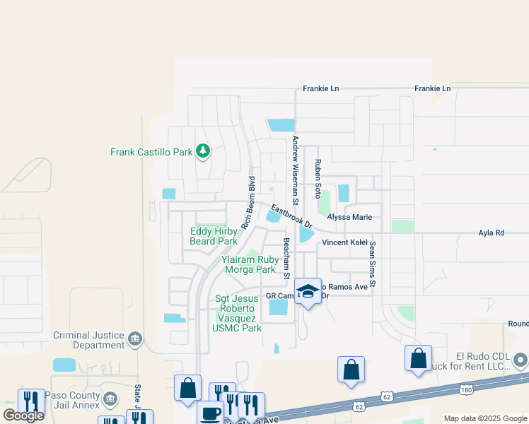 map of restaurants, bars, coffee shops, grocery stores, and more near 12949 Eastbrook in El Paso