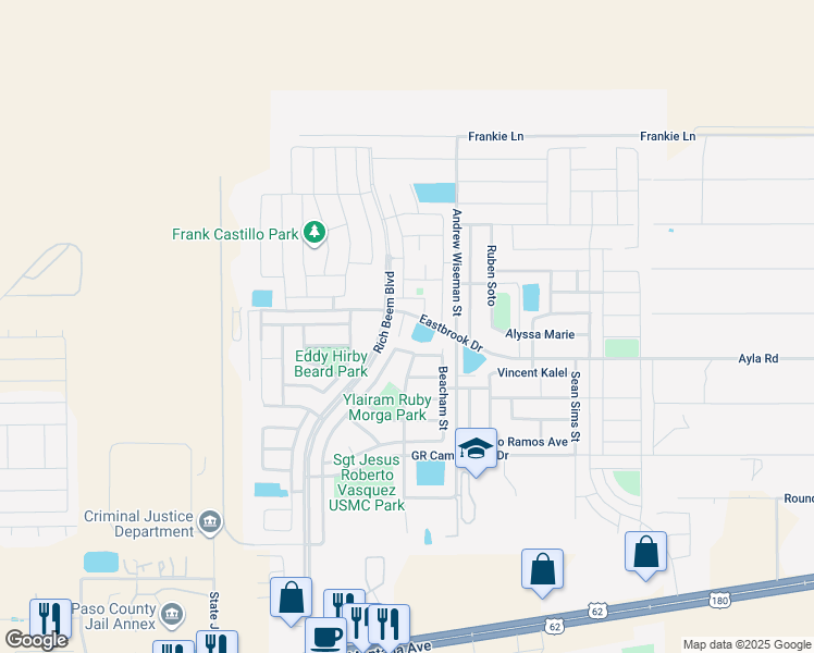 map of restaurants, bars, coffee shops, grocery stores, and more near 12949 Eastbrook in El Paso