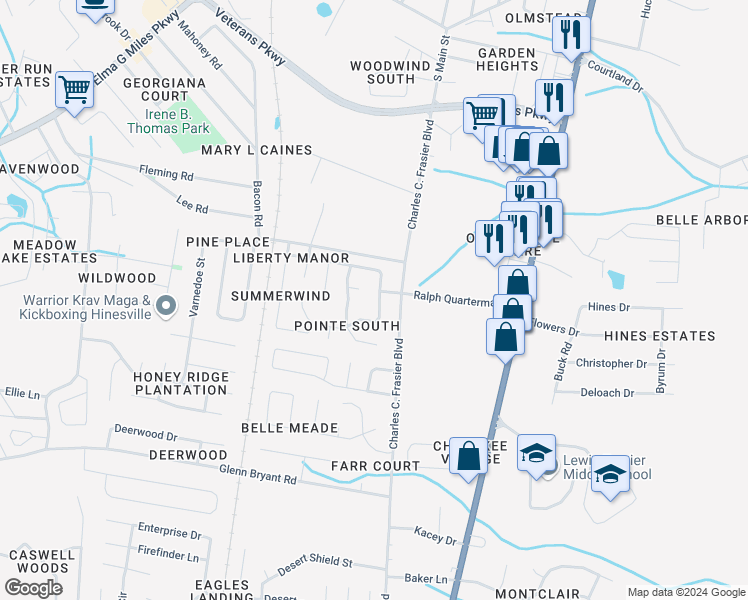map of restaurants, bars, coffee shops, grocery stores, and more near 239 Pointe South Drive in Hinesville