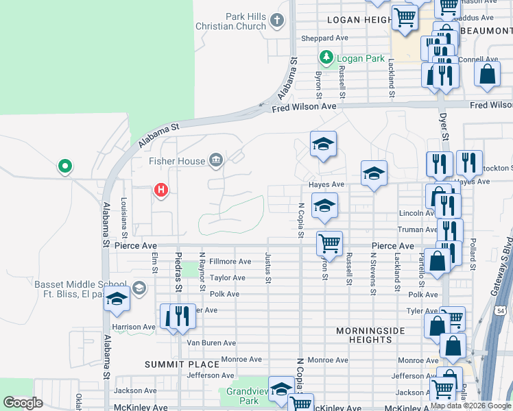 map of restaurants, bars, coffee shops, grocery stores, and more near 3000 Johnson Avenue in El Paso
