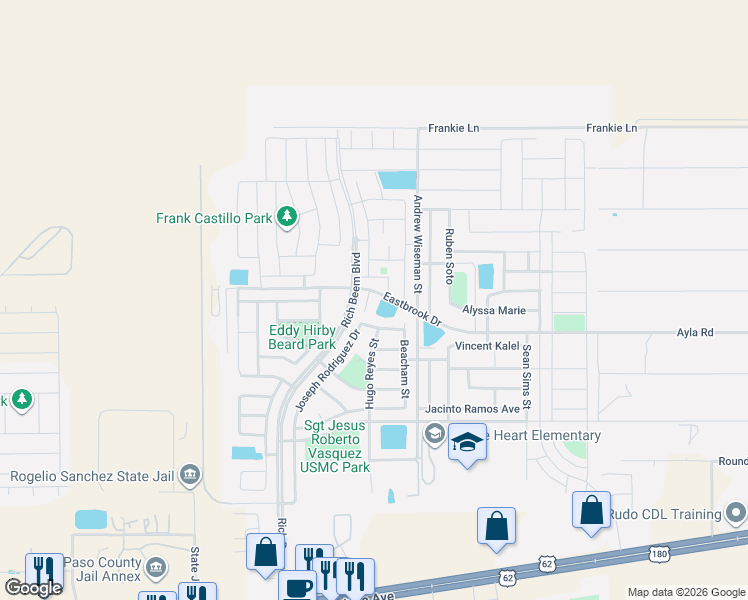 map of restaurants, bars, coffee shops, grocery stores, and more near 12949 Eastbrook in El Paso