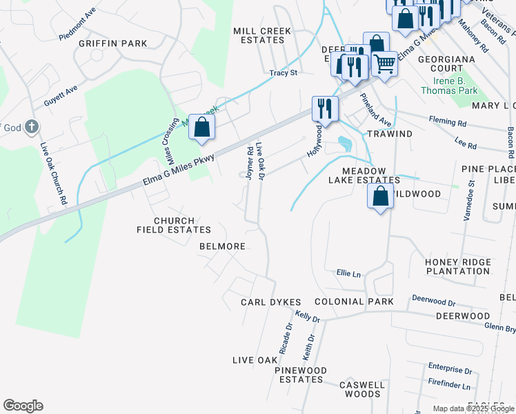 map of restaurants, bars, coffee shops, grocery stores, and more near 983 Live Oak Drive in Hinesville