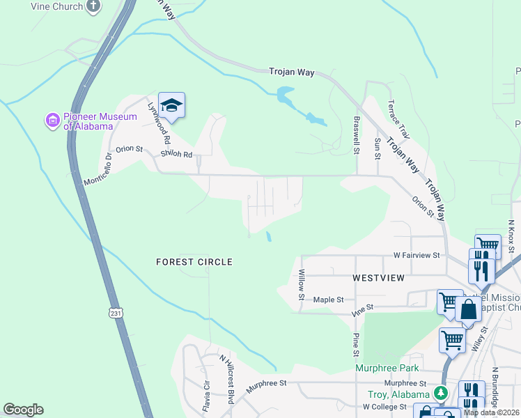 map of restaurants, bars, coffee shops, grocery stores, and more near 114 Martha George Hall Drive in Troy