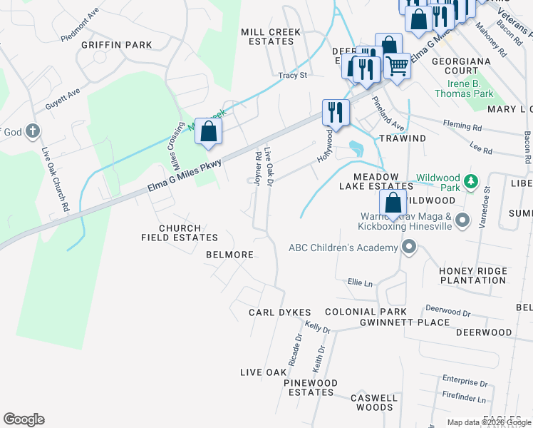 map of restaurants, bars, coffee shops, grocery stores, and more near 970 Live Oak Drive in Hinesville