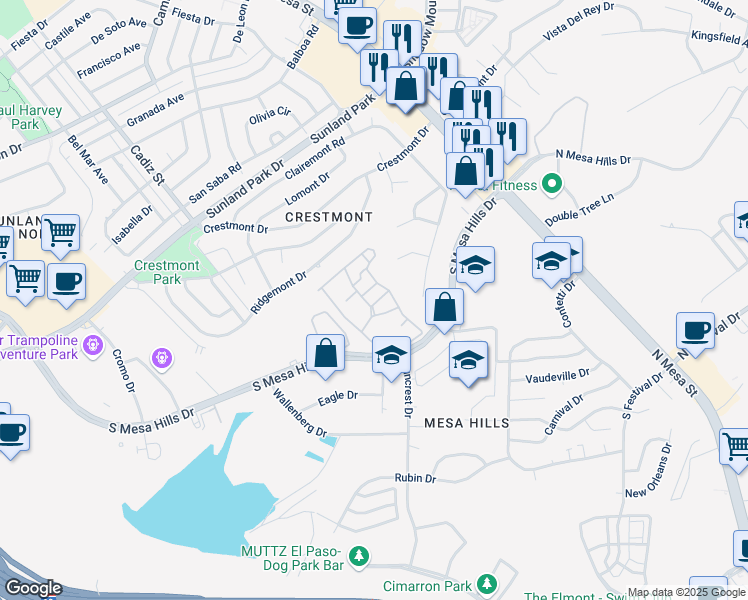 map of restaurants, bars, coffee shops, grocery stores, and more near 415 South Mesa Hills Drive in El Paso