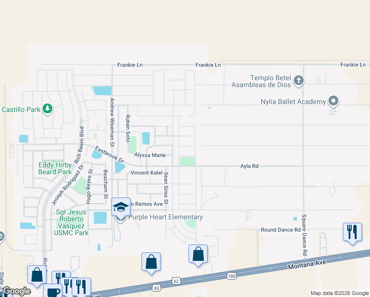 map of restaurants, bars, coffee shops, grocery stores, and more near 4825 Mark Aviso in El Paso