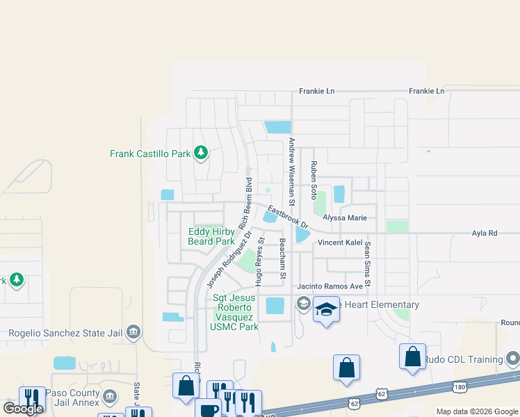 map of restaurants, bars, coffee shops, grocery stores, and more near 12949 Eastbrook in El Paso