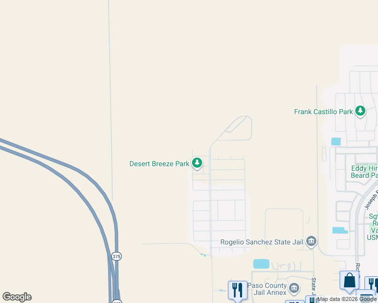 map of restaurants, bars, coffee shops, grocery stores, and more near Justice in El Paso