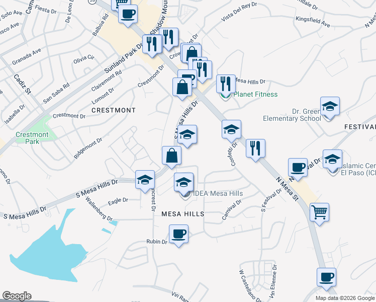 map of restaurants, bars, coffee shops, grocery stores, and more near 499 Cabaret Drive in El Paso