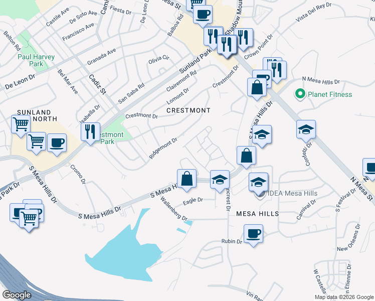 map of restaurants, bars, coffee shops, grocery stores, and more near 415 South Mesa Hills Drive in El Paso
