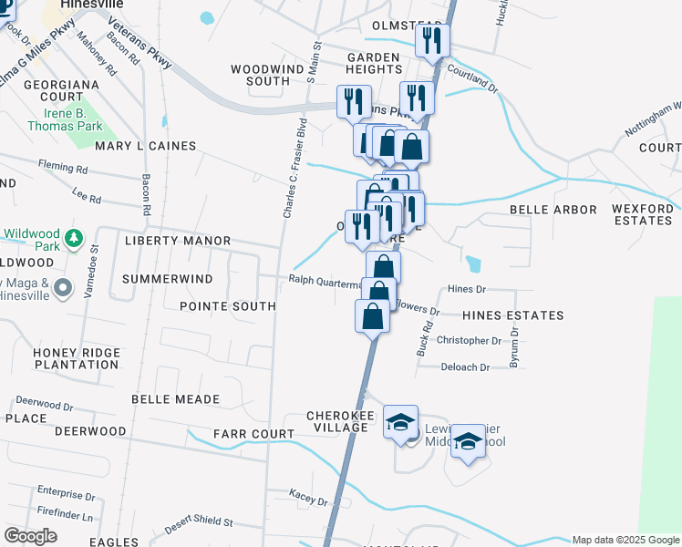 map of restaurants, bars, coffee shops, grocery stores, and more near 128 Ralph Quarterman Drive in Hinesville