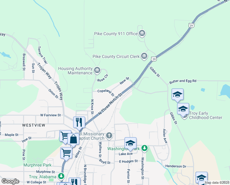 map of restaurants, bars, coffee shops, grocery stores, and more near 1200 North Three Notch Street in Troy