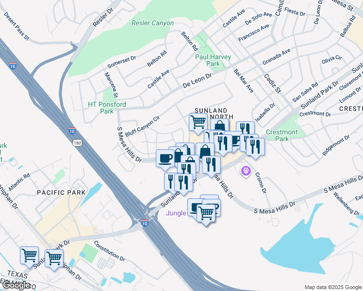 map of restaurants, bars, coffee shops, grocery stores, and more near 945 South Mesa Hills Drive in El Paso