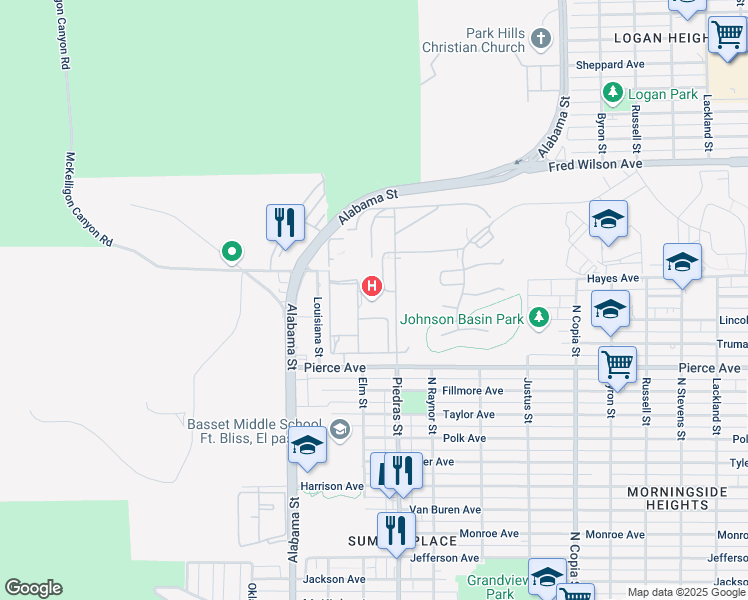 map of restaurants, bars, coffee shops, grocery stores, and more near 5001 North Piedras Street in El Paso