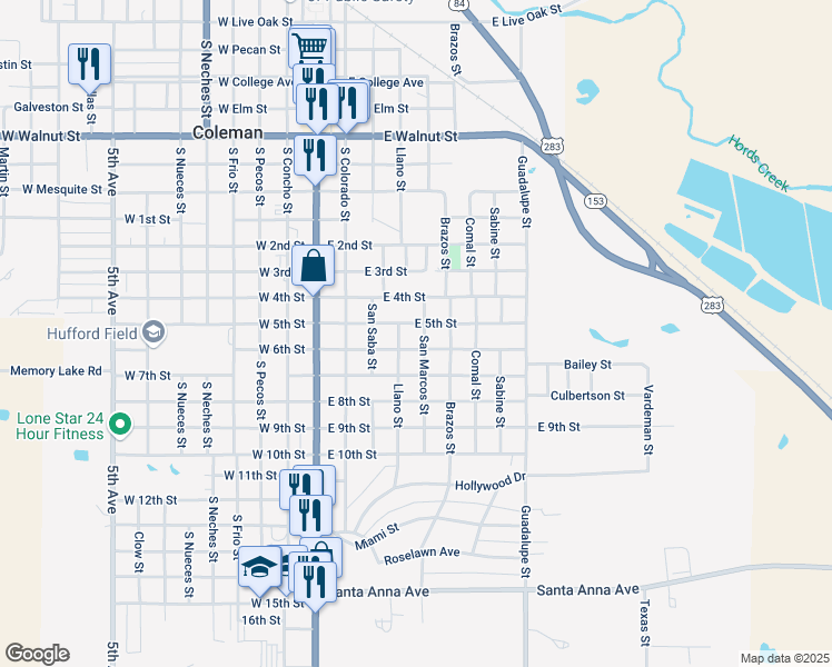 map of restaurants, bars, coffee shops, grocery stores, and more near 500 East 5th Street in Coleman