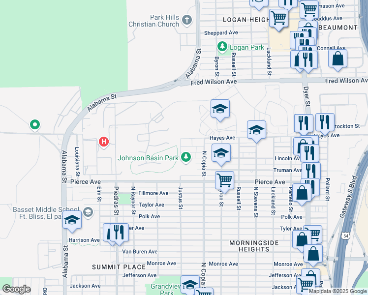 map of restaurants, bars, coffee shops, grocery stores, and more near 3300 Johnson Avenue in El Paso