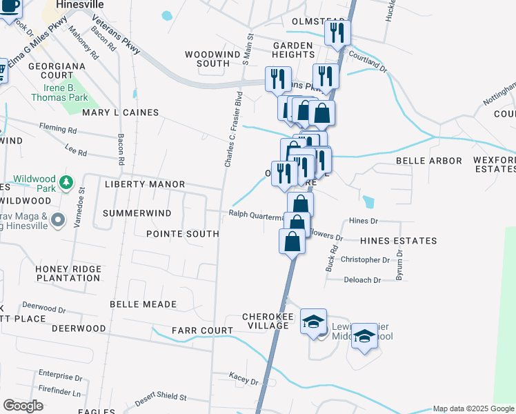 map of restaurants, bars, coffee shops, grocery stores, and more near 128 Ralph Quarterman Drive in Hinesville