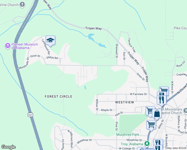map of restaurants, bars, coffee shops, grocery stores, and more near 1131 Willow Street in Troy