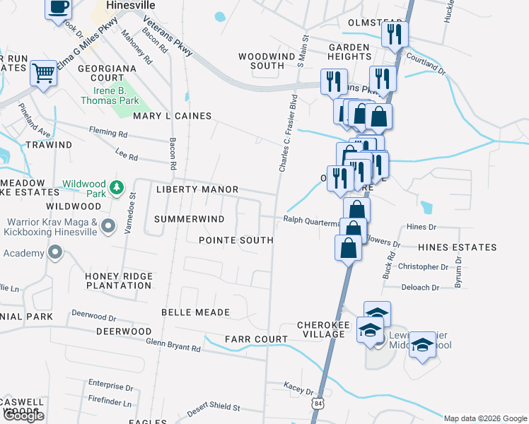 map of restaurants, bars, coffee shops, grocery stores, and more near 100 Community Road in Hinesville