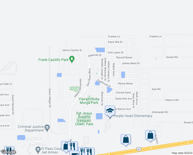 map of restaurants, bars, coffee shops, grocery stores, and more near 12949 Eastbrook in El Paso