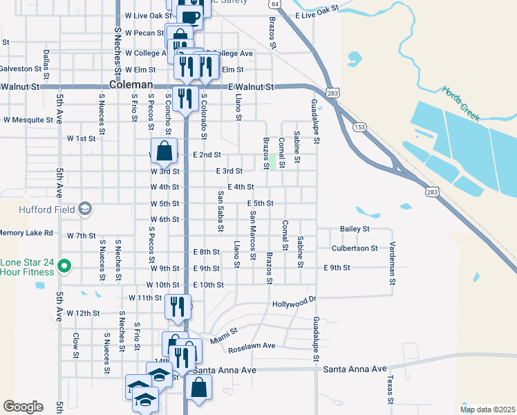 map of restaurants, bars, coffee shops, grocery stores, and more near 500 East 5th Street in Coleman