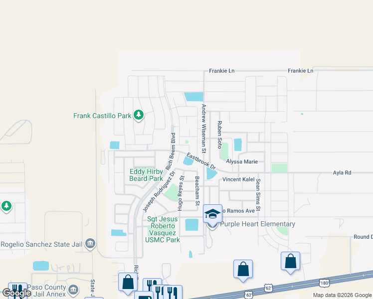 map of restaurants, bars, coffee shops, grocery stores, and more near 12949 Eastbrook in El Paso