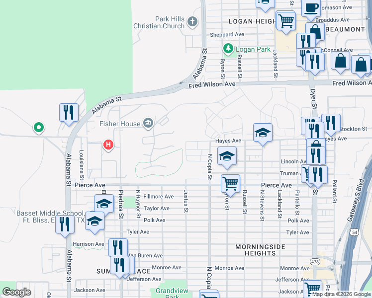 map of restaurants, bars, coffee shops, grocery stores, and more near 3000 Johnson Avenue in El Paso