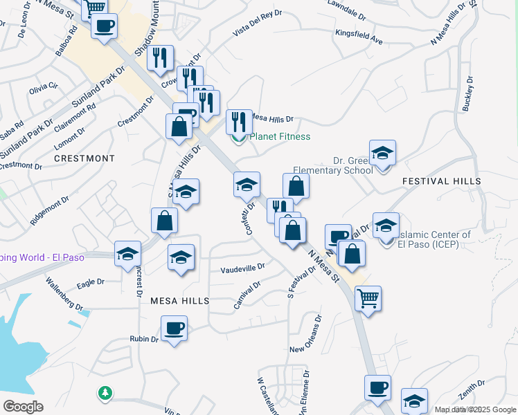 map of restaurants, bars, coffee shops, grocery stores, and more near 5555 North Mesa Street in El Paso