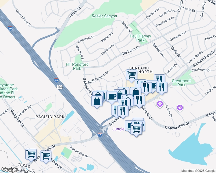 map of restaurants, bars, coffee shops, grocery stores, and more near 945 South Mesa Hills Drive in El Paso