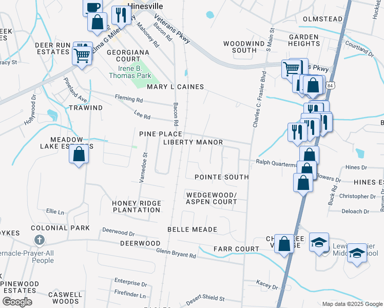 map of restaurants, bars, coffee shops, grocery stores, and more near 907 Brett Drive in Hinesville