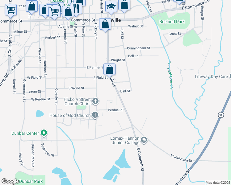 map of restaurants, bars, coffee shops, grocery stores, and more near 428 South Conecuh Street in Greenville