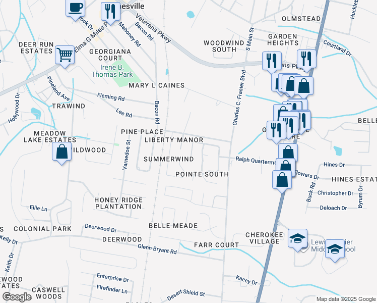 map of restaurants, bars, coffee shops, grocery stores, and more near 905 Berkshire Terrace in Hinesville