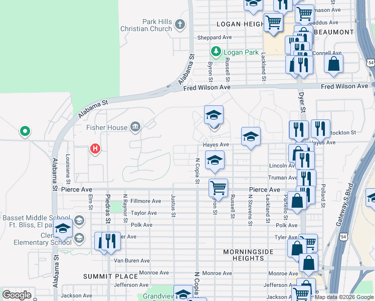 map of restaurants, bars, coffee shops, grocery stores, and more near 3300 Johnson Avenue in El Paso