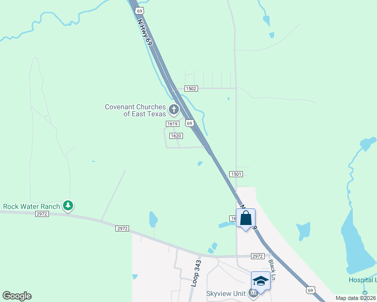 map of restaurants, bars, coffee shops, grocery stores, and more near 191 County Road 1619 in Rusk