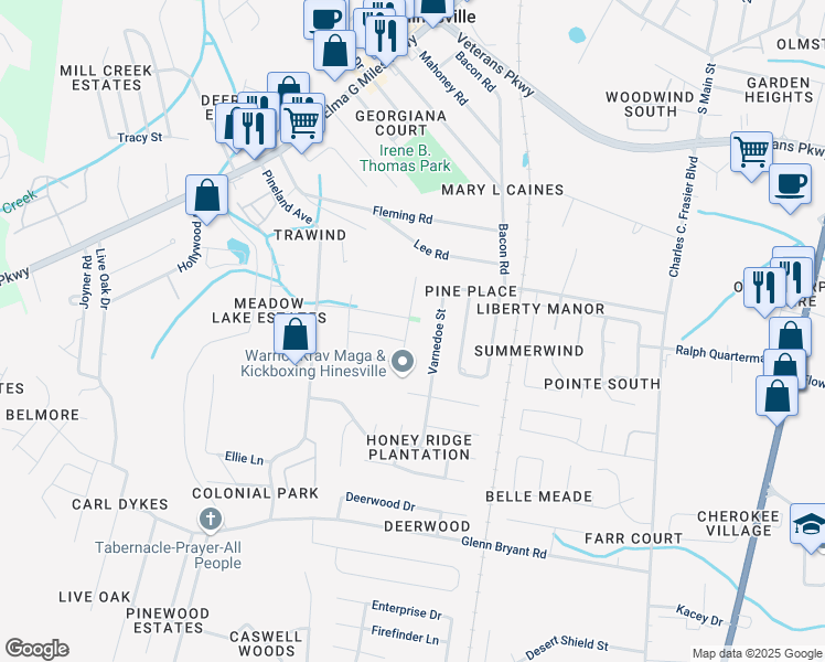 map of restaurants, bars, coffee shops, grocery stores, and more near 993 White Circle in Hinesville