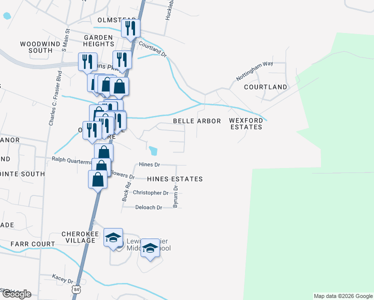 map of restaurants, bars, coffee shops, grocery stores, and more near 335 Wexford Drive in Hinesville