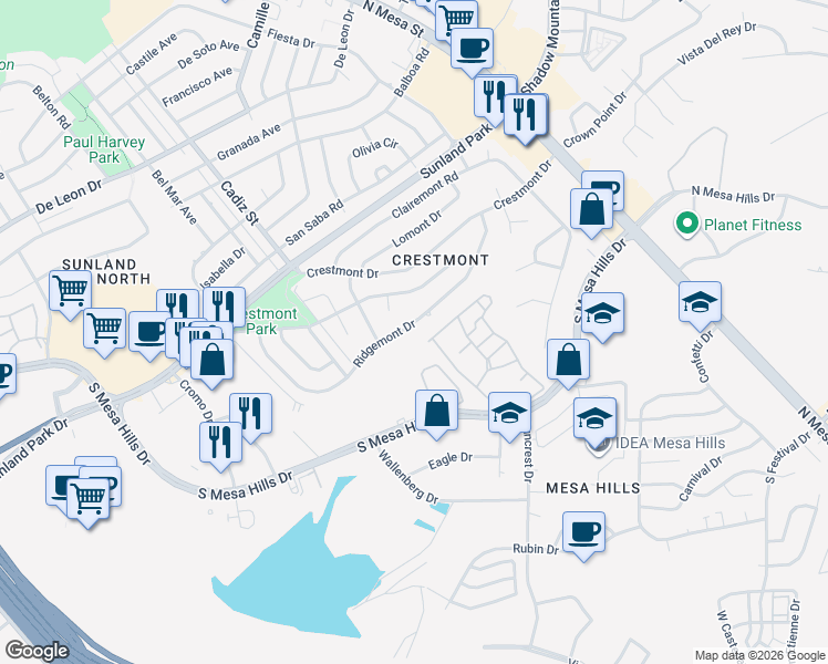 map of restaurants, bars, coffee shops, grocery stores, and more near 360 Ridgemont Drive in El Paso