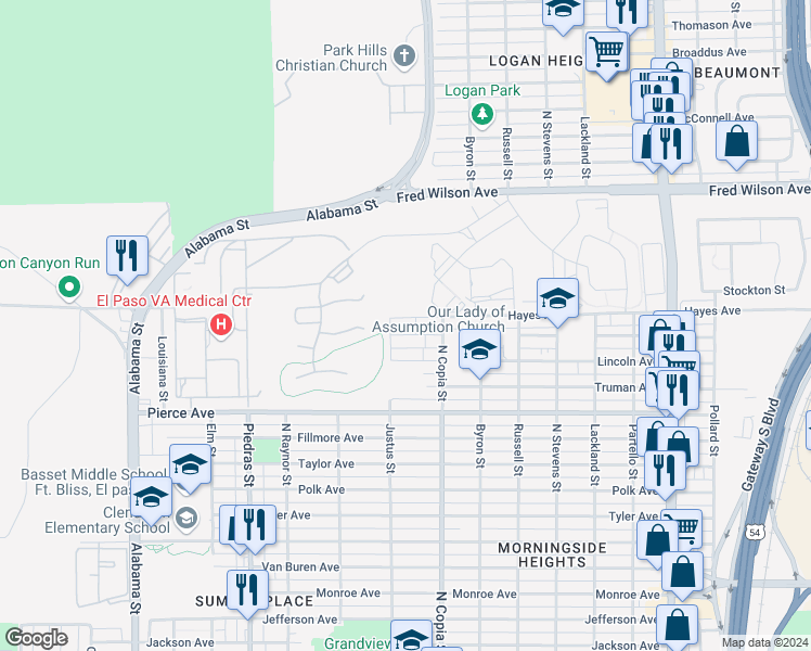 map of restaurants, bars, coffee shops, grocery stores, and more near 3300 Johnson Avenue in El Paso