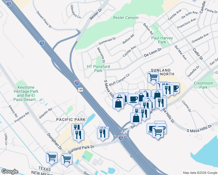 map of restaurants, bars, coffee shops, grocery stores, and more near 945 South Mesa Hills Drive in El Paso