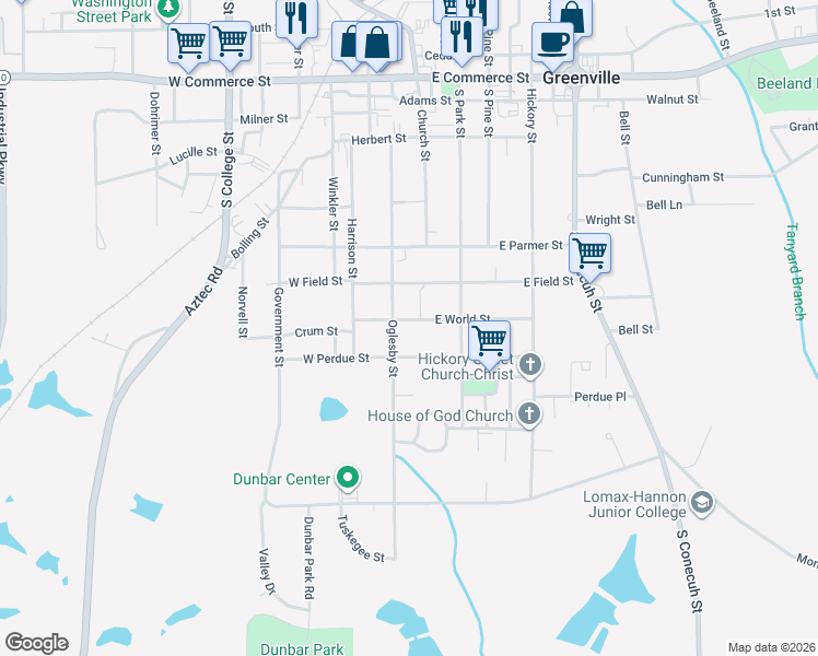 map of restaurants, bars, coffee shops, grocery stores, and more near 601-699 Oglesby St in Greenville