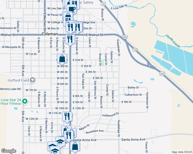 map of restaurants, bars, coffee shops, grocery stores, and more near 500 East 5th Street in Coleman