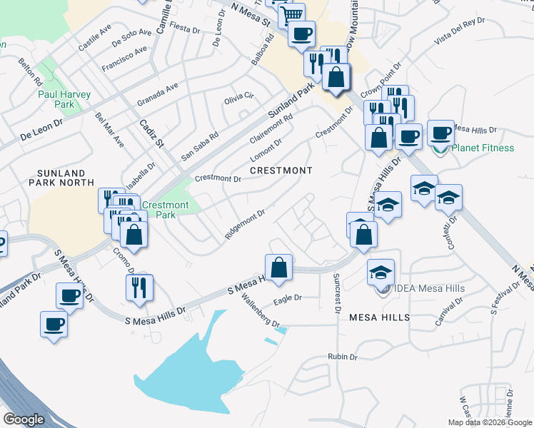 map of restaurants, bars, coffee shops, grocery stores, and more near 360 Ridgemont Drive in El Paso