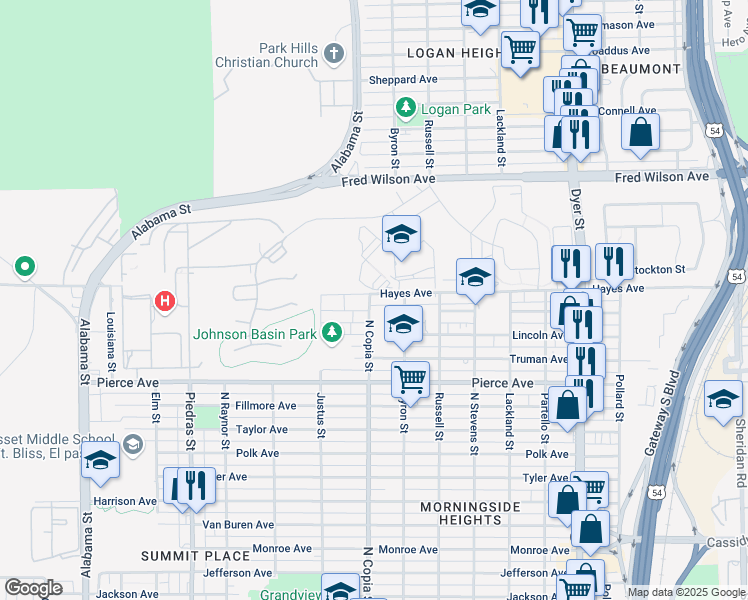 map of restaurants, bars, coffee shops, grocery stores, and more near 3400 Hayes Avenue in El Paso