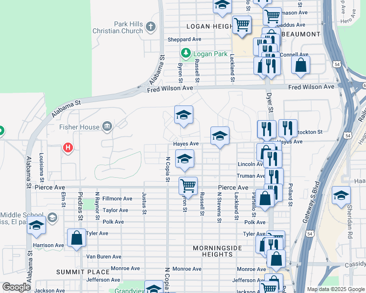 map of restaurants, bars, coffee shops, grocery stores, and more near 4929 Byron Street in El Paso