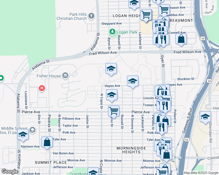 map of restaurants, bars, coffee shops, grocery stores, and more near 4929 Byron Street in El Paso