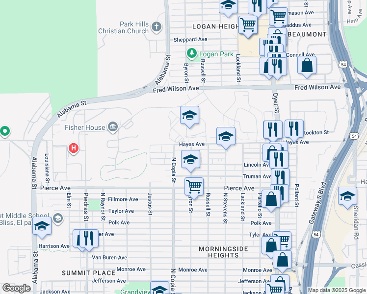 map of restaurants, bars, coffee shops, grocery stores, and more near 3400 Hayes Avenue in El Paso