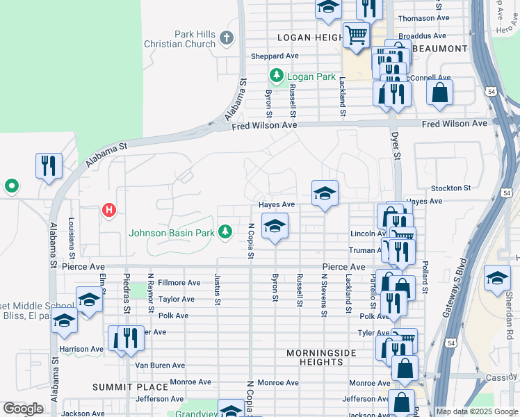 map of restaurants, bars, coffee shops, grocery stores, and more near 3400 Hayes Avenue in El Paso