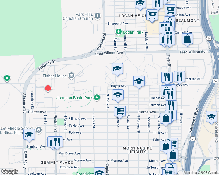 map of restaurants, bars, coffee shops, grocery stores, and more near 3400 Hayes Avenue in El Paso